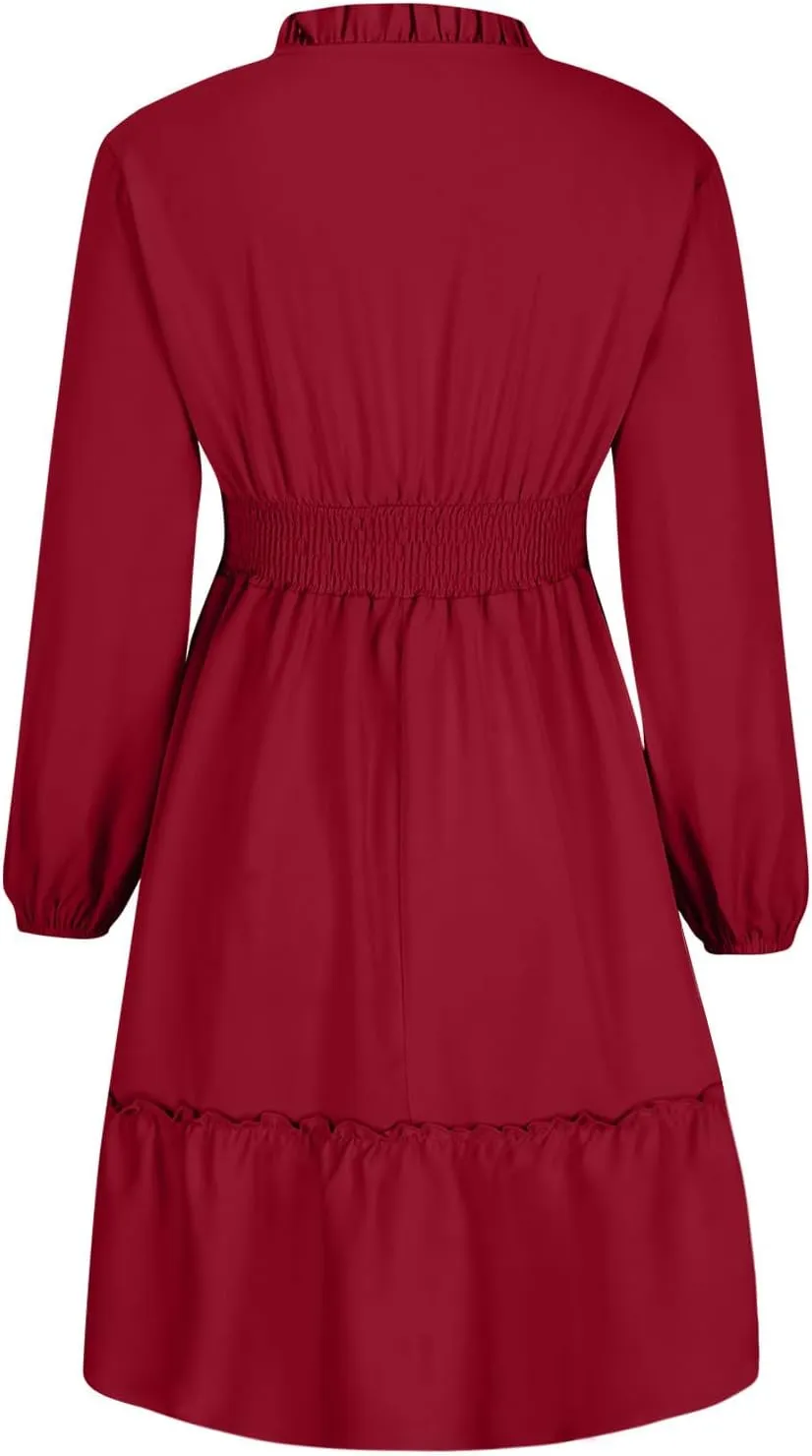 Mini Dresses for Women Fashion Pleated Ruffle Hem Elastic Waist Comfortable Dress Casual Long Sleeve Babydoll Dresses