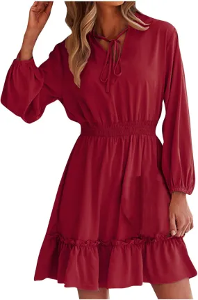 Mini Dresses for Women Fashion Pleated Ruffle Hem Elastic Waist Comfortable Dress Casual Long Sleeve Babydoll Dresses