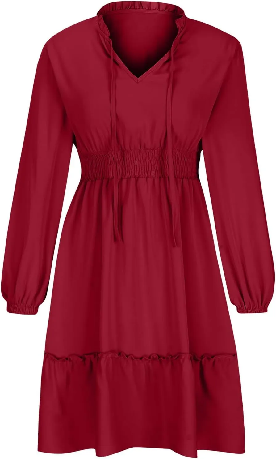 Mini Dresses for Women Fashion Pleated Ruffle Hem Elastic Waist Comfortable Dress Casual Long Sleeve Babydoll Dresses
