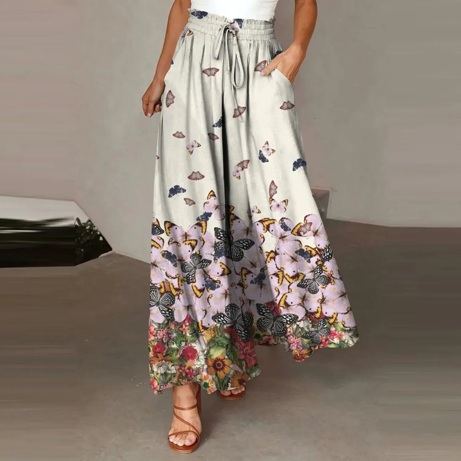 Miyaomn Womens Casual Elastic Waist Wide Leg Pants 2024 Summer Floral Solid Flowy Pockets Palazzo Pants Lounge Beach Trousers