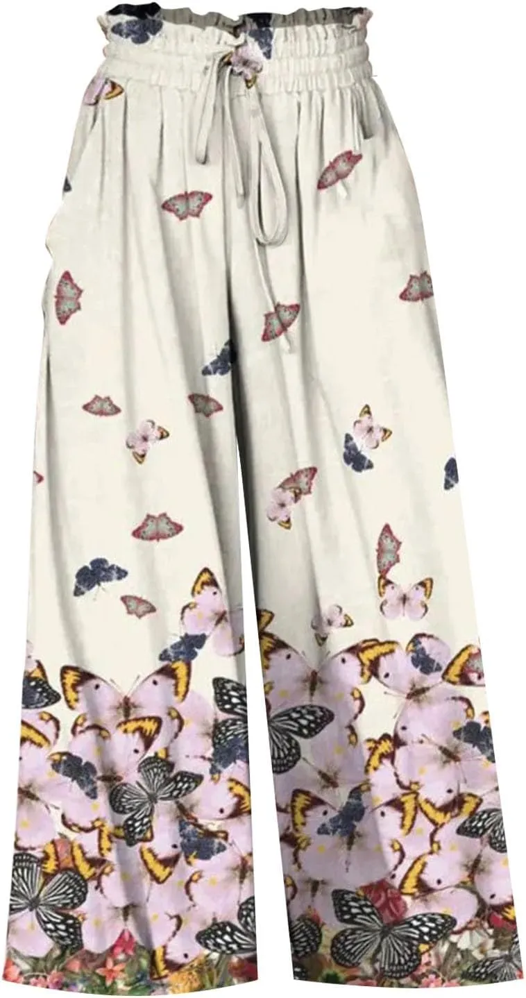 Miyaomn Womens Casual Elastic Waist Wide Leg Pants 2024 Summer Floral Solid Flowy Pockets Palazzo Pants Lounge Beach Trousers