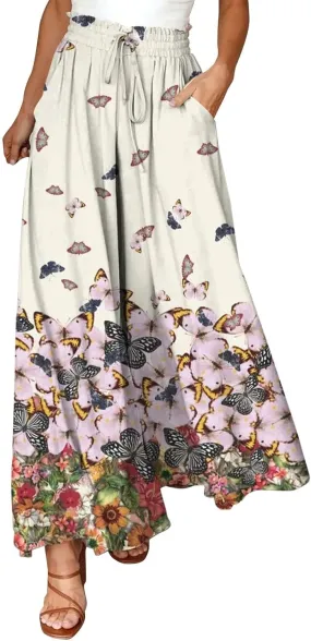 Miyaomn Womens Casual Elastic Waist Wide Leg Pants 2024 Summer Floral Solid Flowy Pockets Palazzo Pants Lounge Beach Trousers