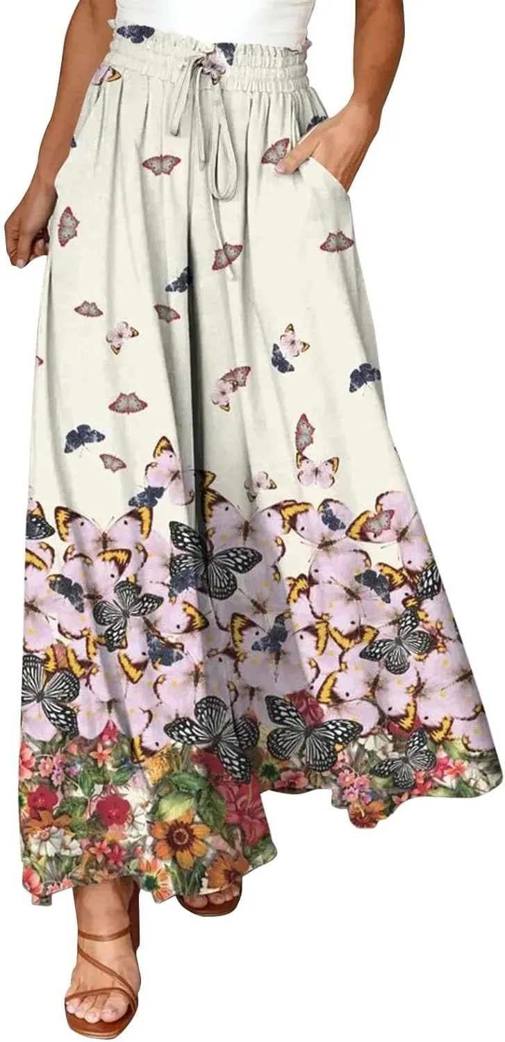 Miyaomn Womens Casual Elastic Waist Wide Leg Pants 2024 Summer Floral Solid Flowy Pockets Palazzo Pants Lounge Beach Trousers
