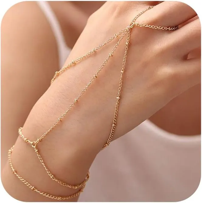 MODRSA Hand Chain Bracelet Gold Hand Chain Ring Bracelet Hands Chains Jewelry Handchain Finger Bracelets Non Tarnish Waterproof Dainty Hands Jewelry Simple for Bridal Accessories