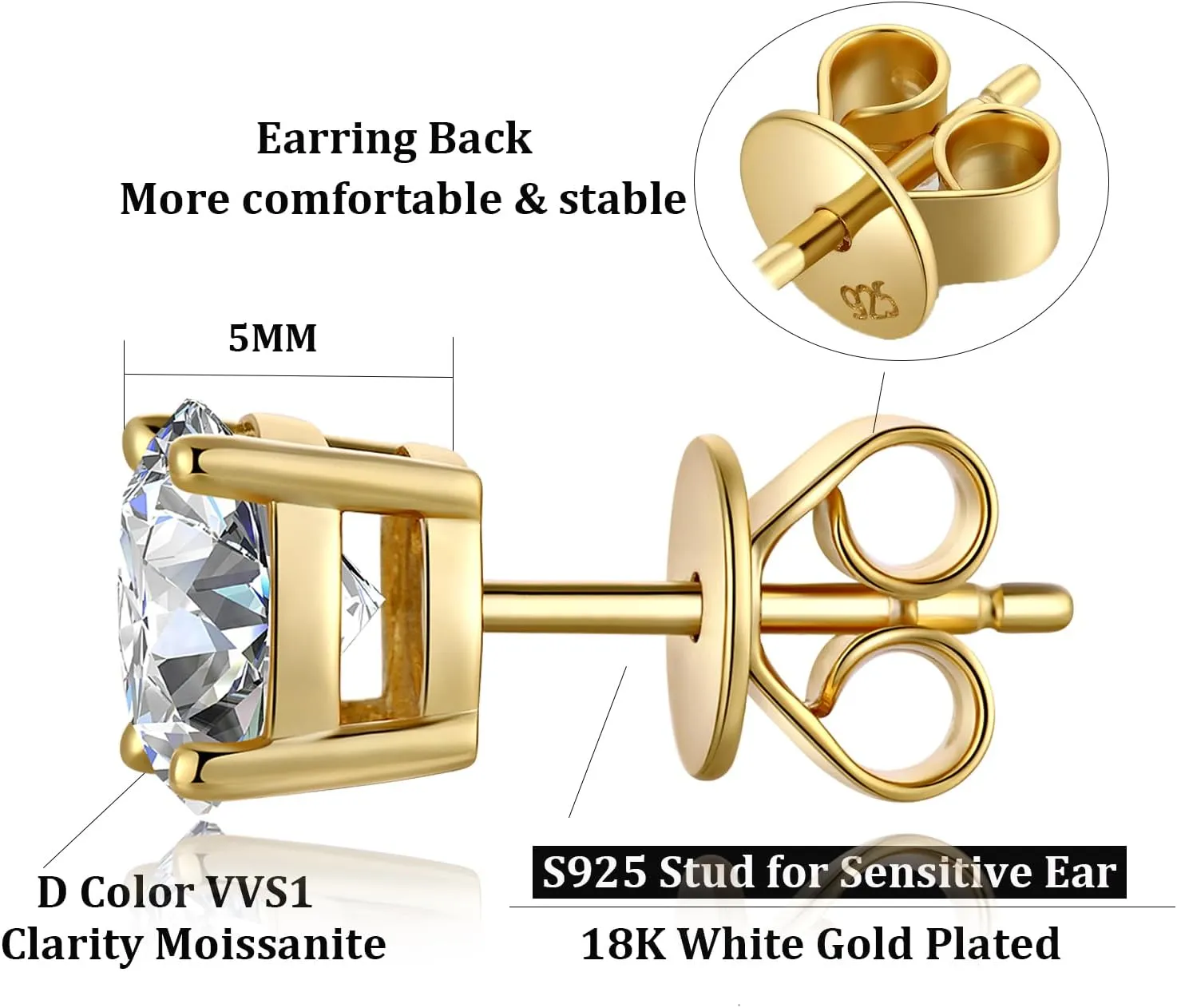 Moissanite Earrings for Women Men S925 Sterling Silver Moissanite Stud Earrings Hypoallergenic Round Cut Stud Earring for Unisex