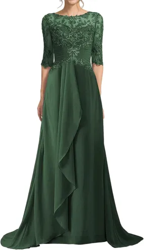Mother of The Bride Dresses Half Sleeve Long A-line Lace Applique Chiffon Formal Evening Gowns