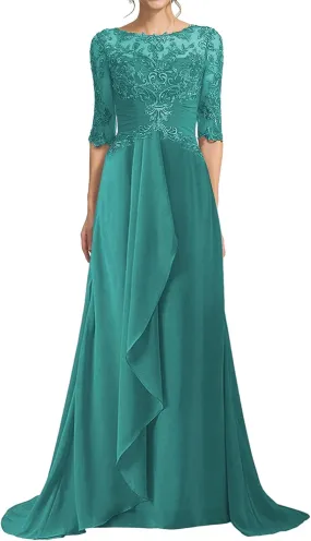 Mother of The Bride Dresses Half Sleeve Long A-line Lace Applique Chiffon Formal Evening Gowns