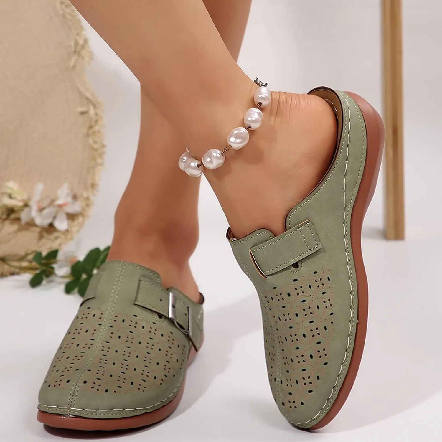 Mules for Women Comfort Closed Toe Sandals Summer Slip on Wedge Sandals with Adjustable Hook Loop Comfortable Clogs Flats Sandal with Arch Support Lightweight Breathable Walking Slippers