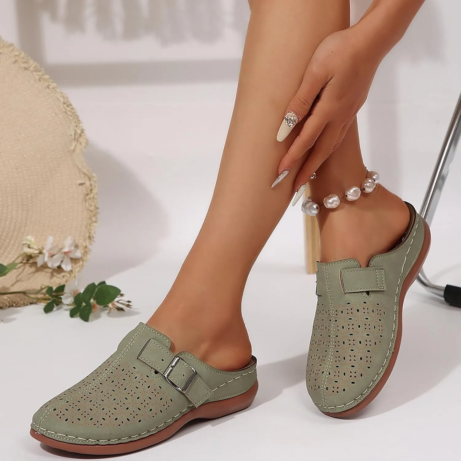 Mules for Women Comfort Closed Toe Sandals Summer Slip on Wedge Sandals with Adjustable Hook Loop Comfortable Clogs Flats Sandal with Arch Support Lightweight Breathable Walking Slippers