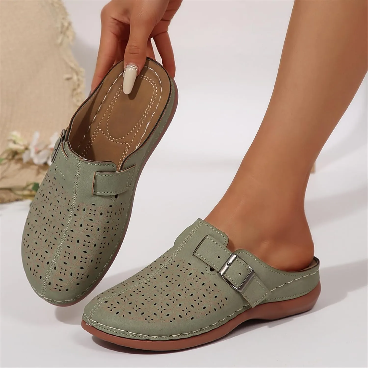 Mules for Women Comfort Closed Toe Sandals Summer Slip on Wedge Sandals with Adjustable Hook Loop Comfortable Clogs Flats Sandal with Arch Support Lightweight Breathable Walking Slippers