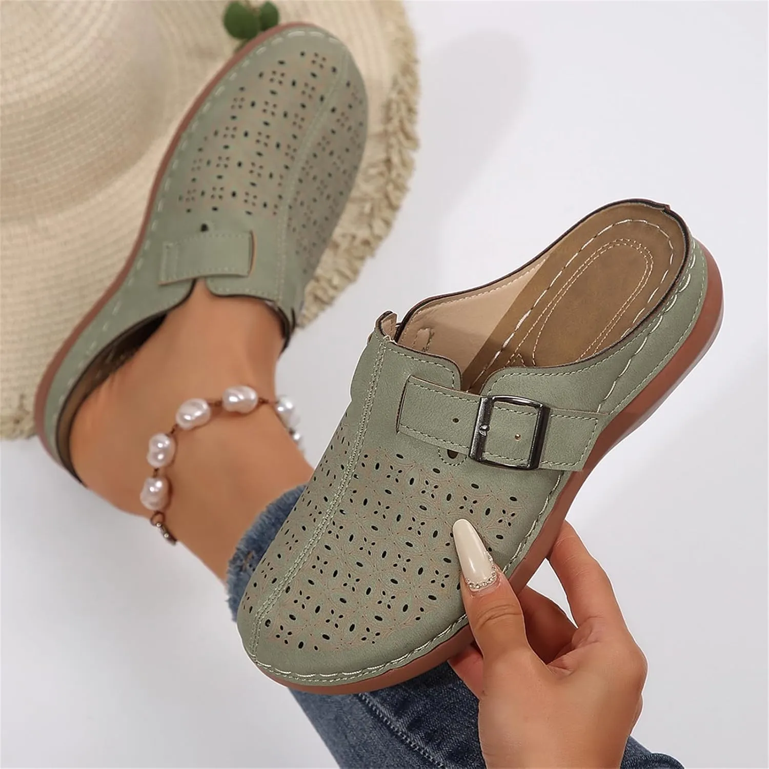 Mules for Women Comfort Closed Toe Sandals Summer Slip on Wedge Sandals with Adjustable Hook Loop Comfortable Clogs Flats Sandal with Arch Support Lightweight Breathable Walking Slippers