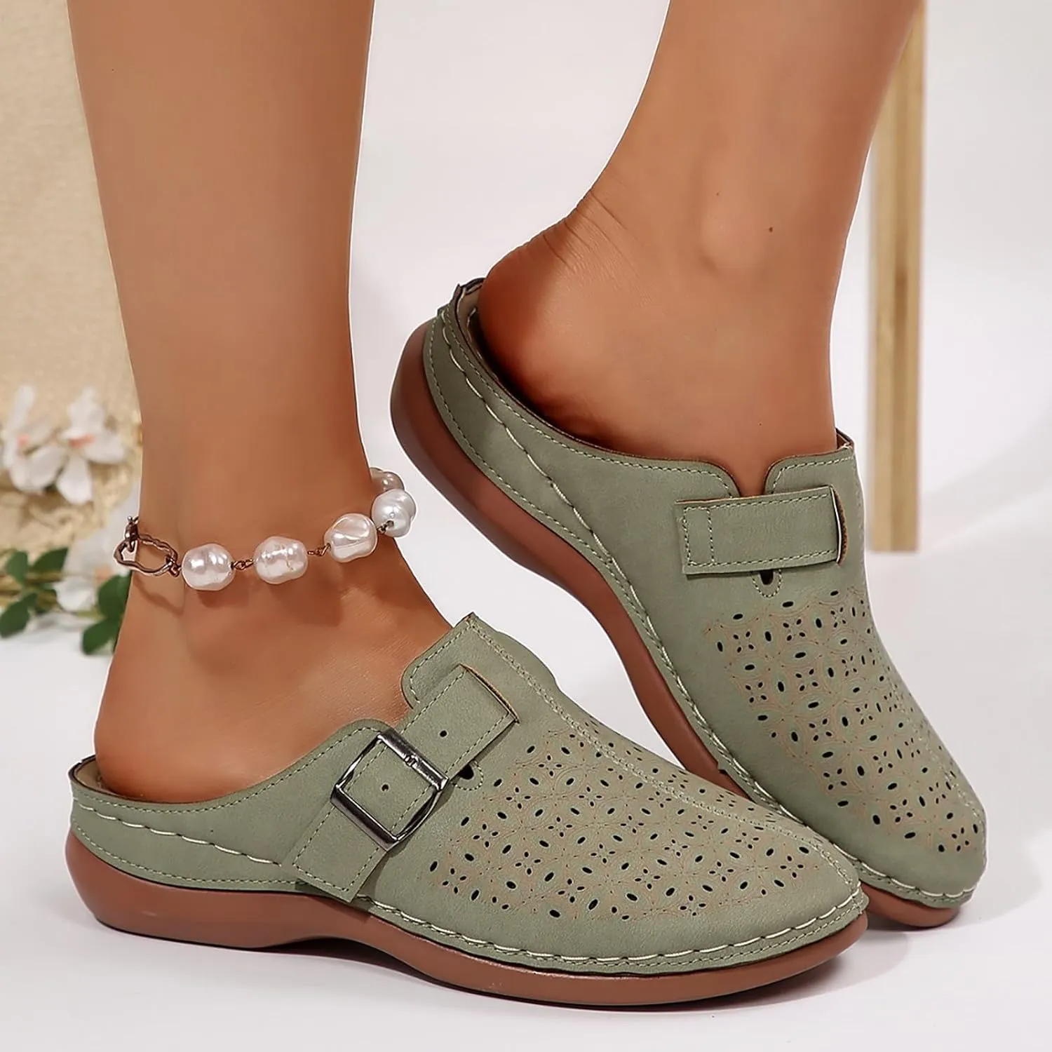 Mules for Women Comfort Closed Toe Sandals Summer Slip on Wedge Sandals with Adjustable Hook Loop Comfortable Clogs Flats Sandal with Arch Support Lightweight Breathable Walking Slippers