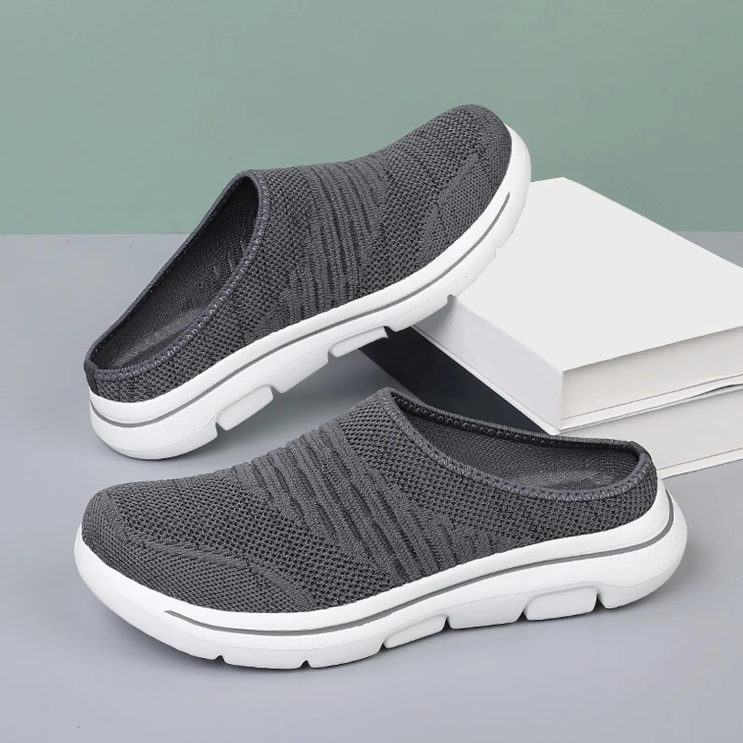 Mules Sneakers for Women Wide Width Open Back Slip On Shoes Breathable Mesh Walking Soft Sole Mules Sneakers Lightweight Casual Comfortable Outdoor Sports Flat Sandal Spring and Summer Woven Shoes