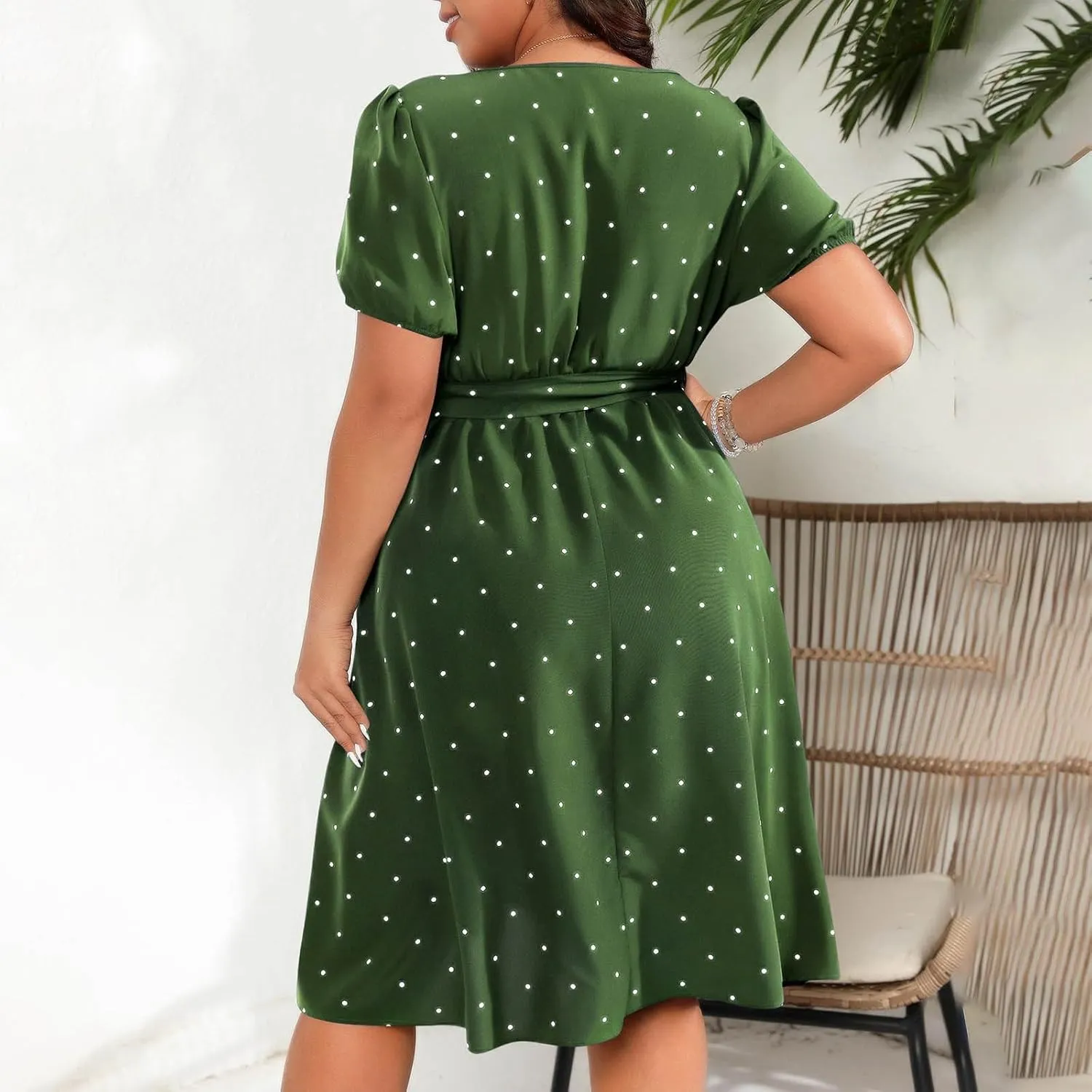 NaRHbrg Women's Plus Size Polka Dot Dress Short Puff Sleeve Square Neck A-Line Flowy Casual Dresses with Belt