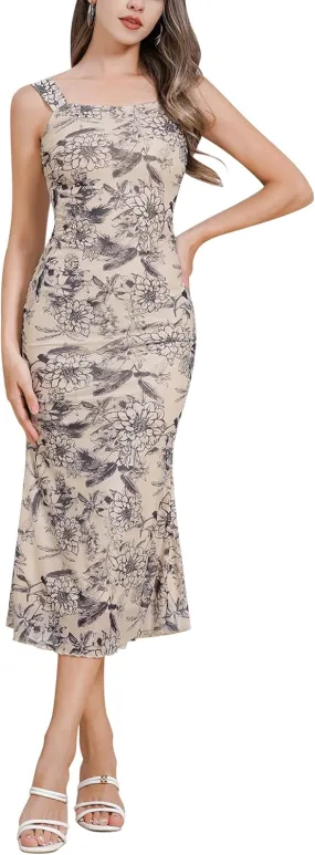 ODIZLI Womens Mesh Sleeveless Floral Print Ruched Bodycon Midi Dress Cami Dress Party Dress Going Out Dress