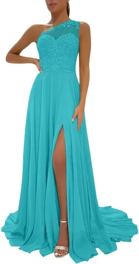 One Shoulder Chiffon Bridesmaid Dresses for Wedding 2025 Lace A-Line Slit Formal Evening Party Gown with Pockets