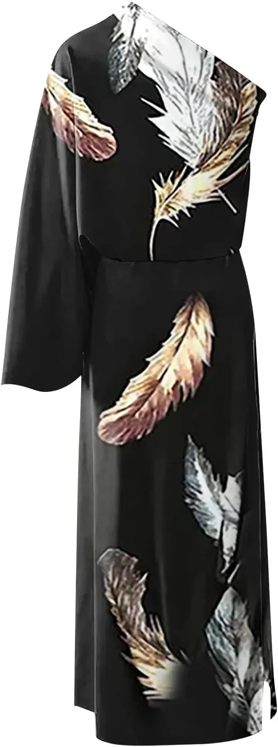 One Shoulder Dresses for Women,2024 Spring Summer Casual Batwing Sleeve Cocktail Dress,Vintage Graphic Party Dress