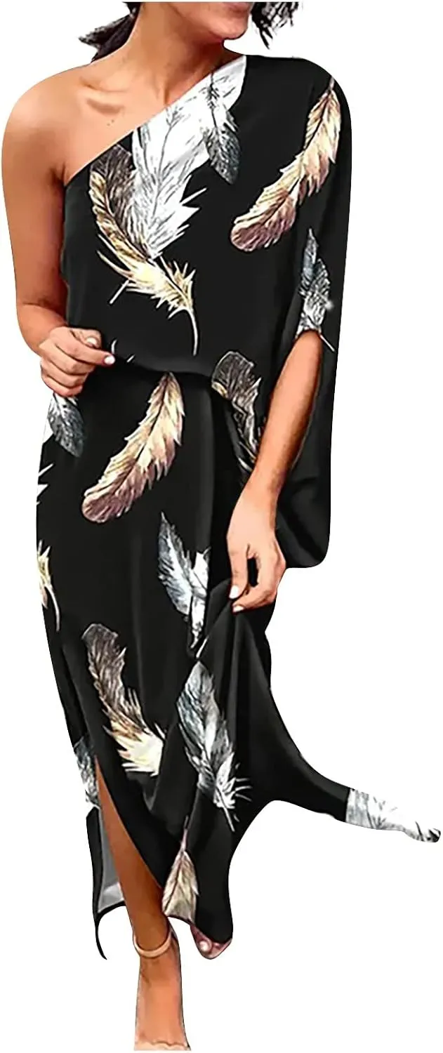 One Shoulder Dresses for Women,2024 Spring Summer Casual Batwing Sleeve Cocktail Dress,Vintage Graphic Party Dress