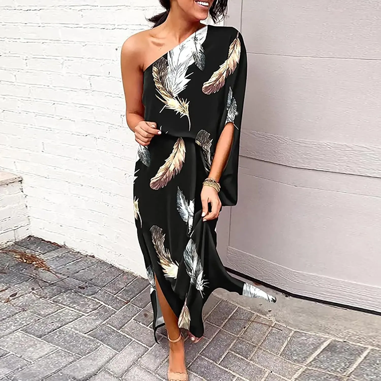 One Shoulder Dresses for Women,2024 Spring Summer Casual Batwing Sleeve Cocktail Dress,Vintage Graphic Party Dress