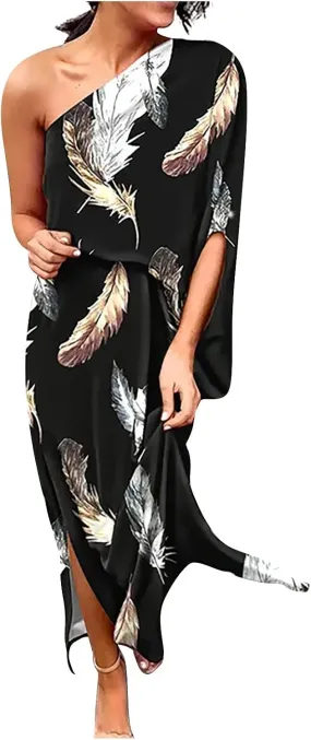 One Shoulder Dresses for Women,2024 Spring Summer Casual Batwing Sleeve Cocktail Dress,Vintage Graphic Party Dress
