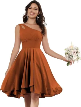 One Shoulder Short Bridesmaid Dresses for Wedding Chiffon A-line Formal Party Dress with Pockets