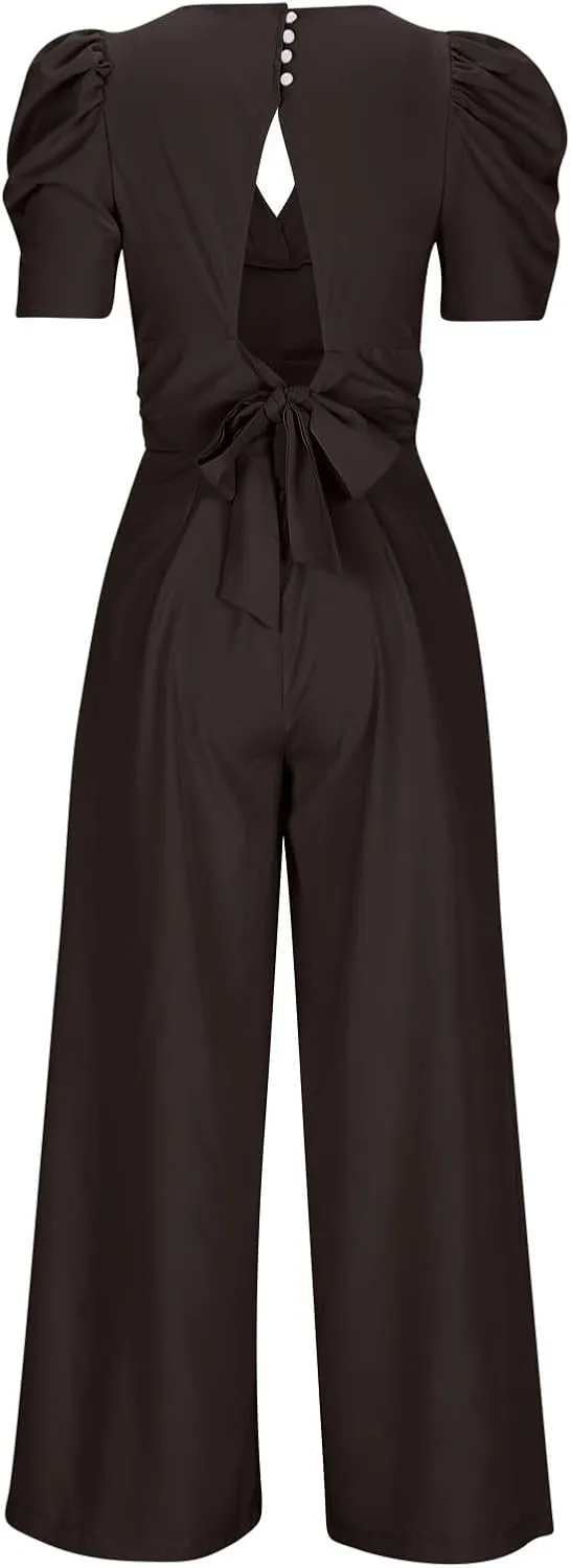 Oplxuo Formal Jumpsuits for Women Dressy Casual Sexy Deep V-Neck Puff Sleeve Backless Tie Knot Wide Leg Pants Romper