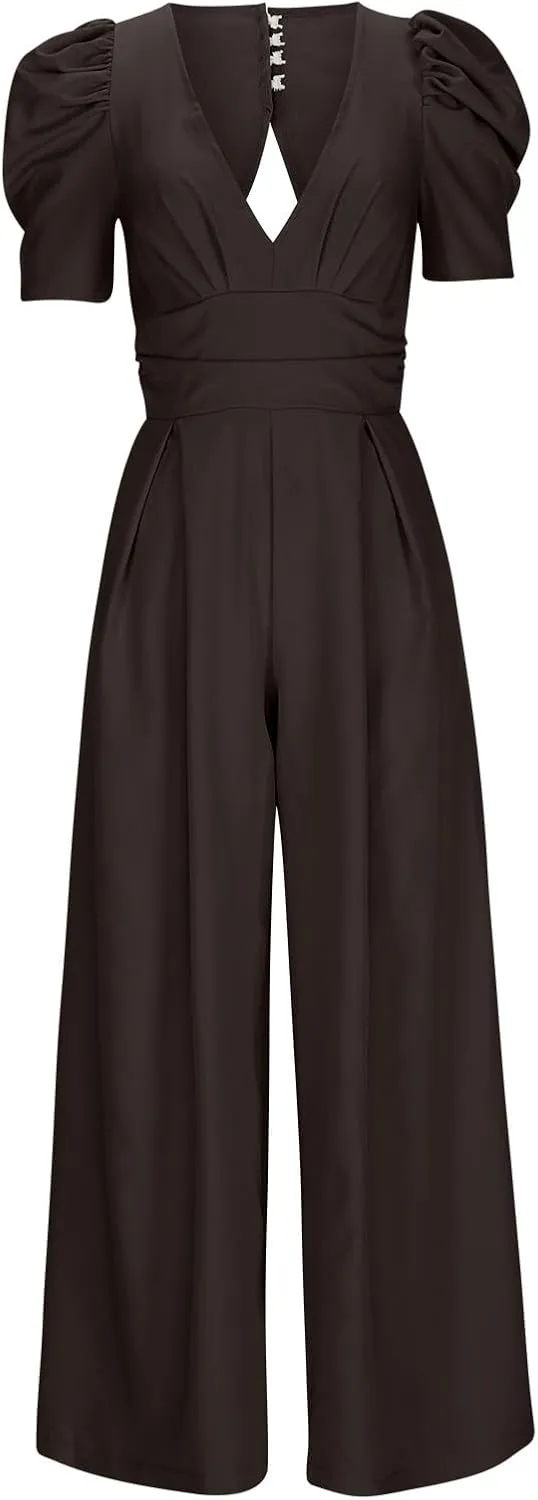 Oplxuo Formal Jumpsuits for Women Dressy Casual Sexy Deep V-Neck Puff Sleeve Backless Tie Knot Wide Leg Pants Romper