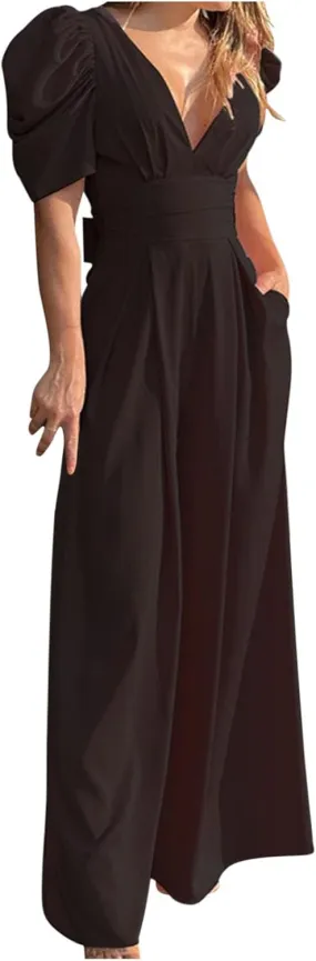 Oplxuo Formal Jumpsuits for Women Dressy Casual Sexy Deep V-Neck Puff Sleeve Backless Tie Knot Wide Leg Pants Romper