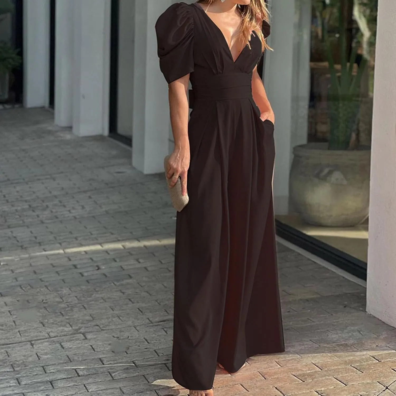 Oplxuo Formal Jumpsuits for Women Dressy Casual Sexy Deep V-Neck Puff Sleeve Backless Tie Knot Wide Leg Pants Romper
