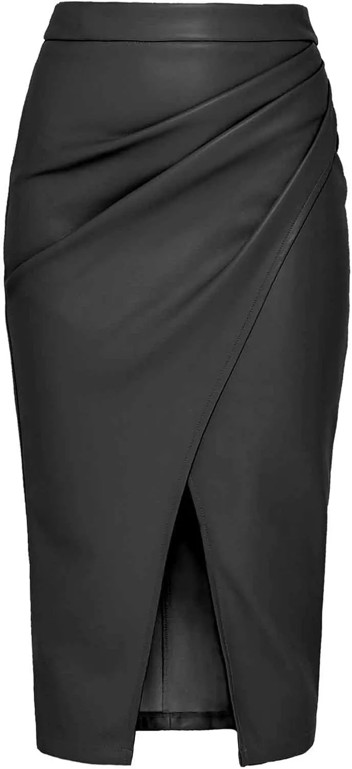 Oplxuo Women's Faux Leather Midi Skirts High Waisted Front Slit Zip Back Ruched Bodycon Party Club Long Skirt