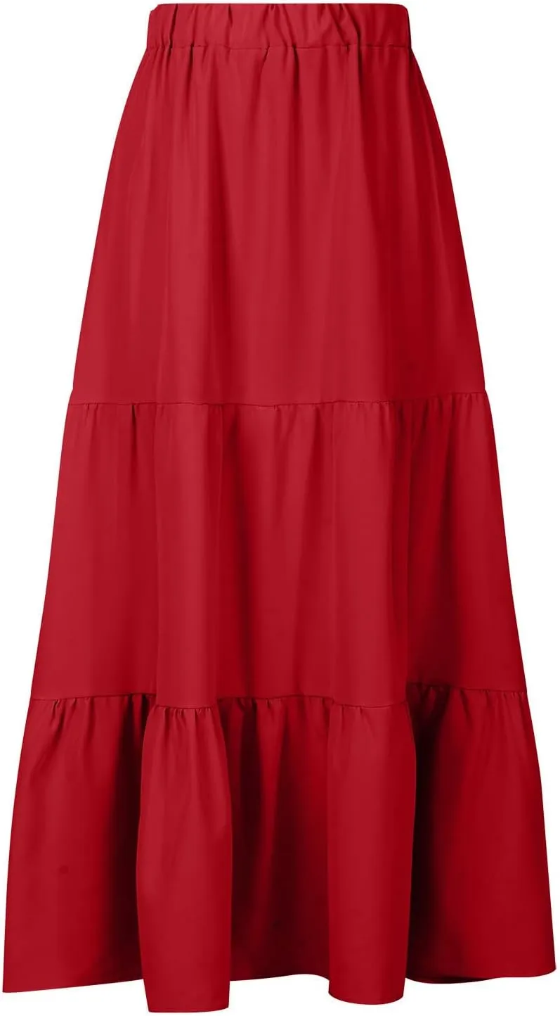 Oplxuo Women's Maxi Skirts Summer 2024 Casual Boho Elastic High Waist Ruffle Flowy Skirt Tiered Long Beach Skirt with Pockets