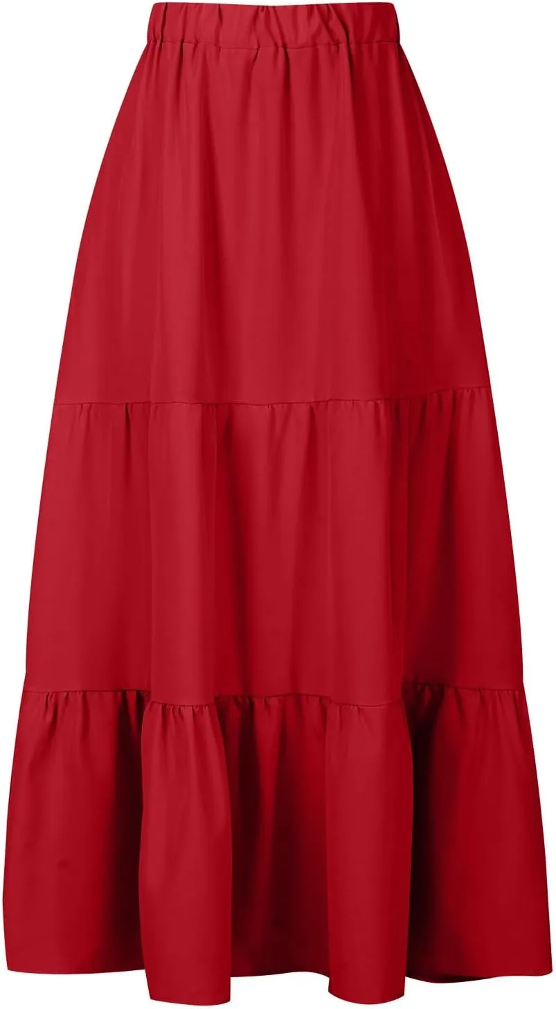 Oplxuo Women's Maxi Skirts Summer 2024 Casual Boho Elastic High Waist Ruffle Flowy Skirt Tiered Long Beach Skirt with Pockets