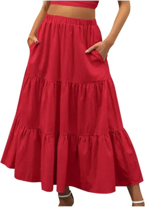 Oplxuo Women's Maxi Skirts Summer 2024 Casual Boho Elastic High Waist Ruffle Flowy Skirt Tiered Long Beach Skirt with Pockets