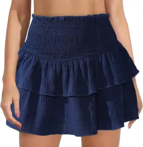 Oplxuo Women's Ruffle Flowy Mini Skirts Stretchy High Waist Solid Lined Layered Pleated Casual Beach Short Skirt