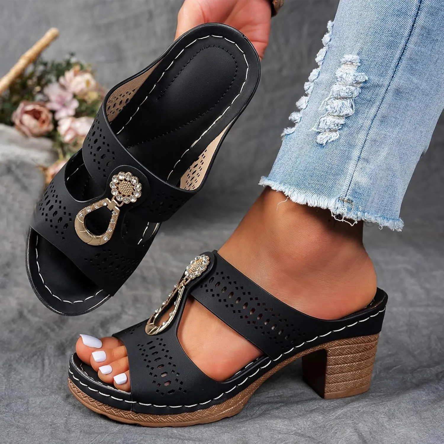 Orthopedic Sandals for Women Chunky Heel Open Toe Slip-On Block Low Heels Chunky Sandals Comfortable Walking Casual Dressy Outdoor Summer Sandal Casual Platform Fashion Wedges Slippers