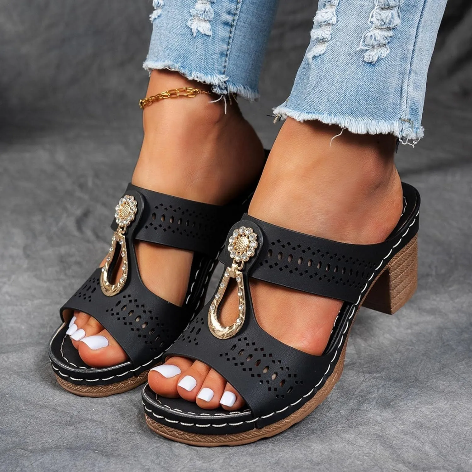 Orthopedic Sandals for Women Chunky Heel Open Toe Slip-On Block Low Heels Chunky Sandals Comfortable Walking Casual Dressy Outdoor Summer Sandal Casual Platform Fashion Wedges Slippers