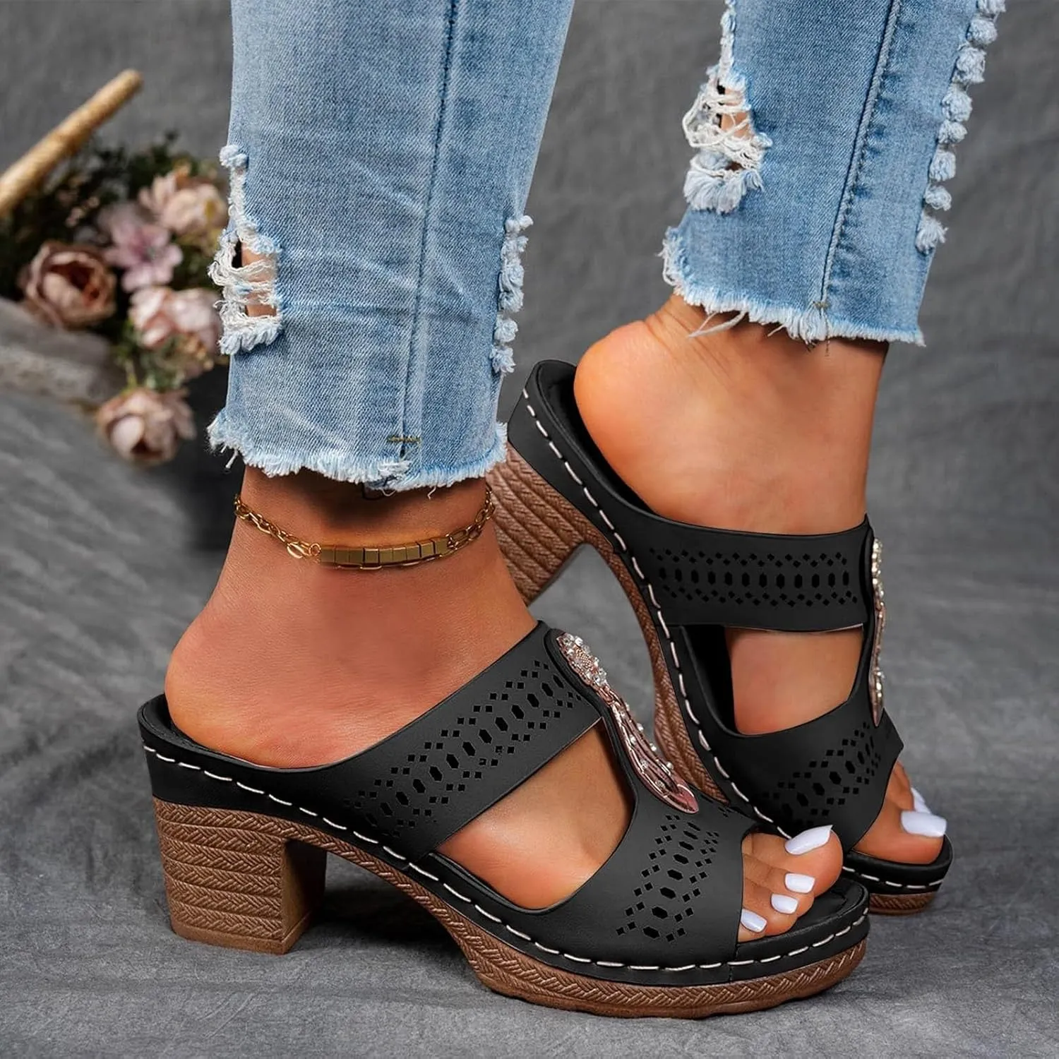 Orthopedic Sandals for Women Chunky Heel Open Toe Slip-On Block Low Heels Chunky Sandals Comfortable Walking Casual Dressy Outdoor Summer Sandal Casual Platform Fashion Wedges Slippers