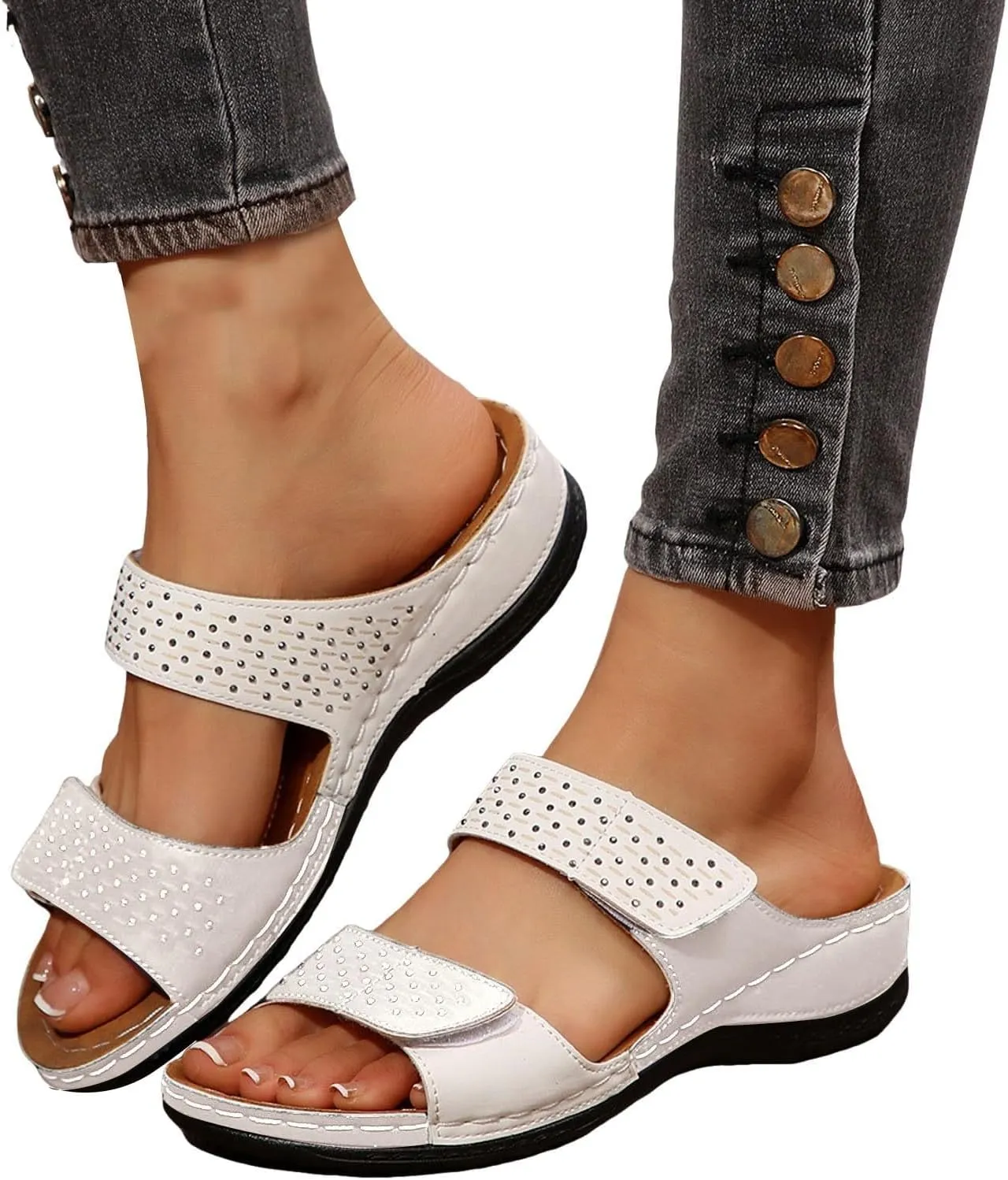 Orthopedic Wedge Sandals for Women Dressy Summer Comfortable Walking Open Toe Slip On Low Heel Flats Sandals with Arch Support Fishmouth Beach Orthotic Slippers Breathable Outdoor Trendy Slippers