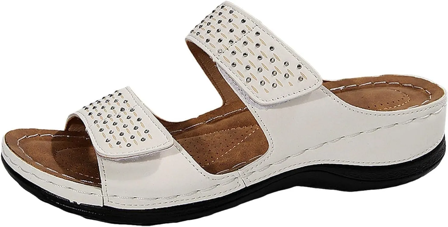 Orthopedic Wedge Sandals for Women Dressy Summer Comfortable Walking Open Toe Slip On Low Heel Flats Sandals with Arch Support Fishmouth Beach Orthotic Slippers Breathable Outdoor Trendy Slippers