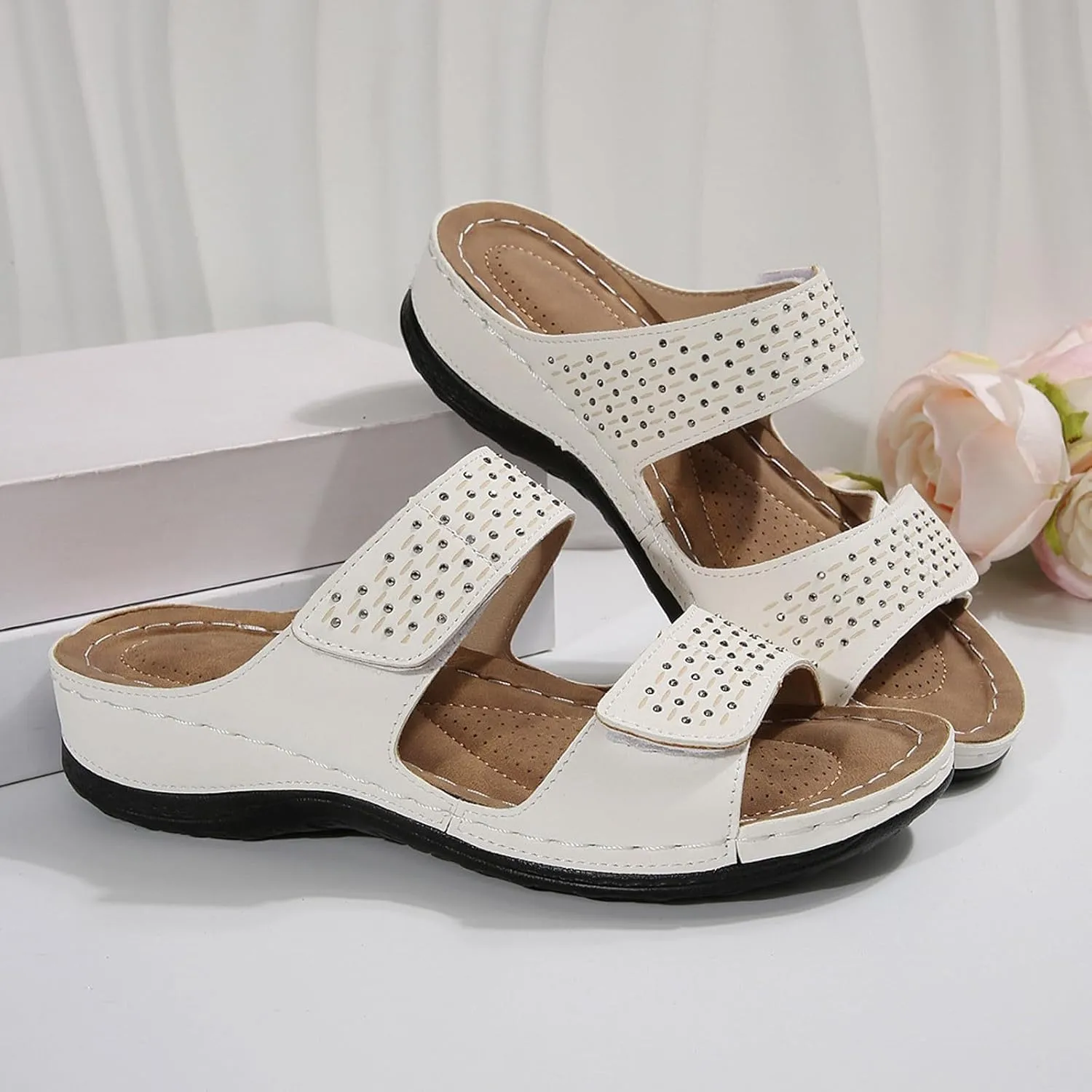 Orthopedic Wedge Sandals for Women Dressy Summer Comfortable Walking Open Toe Slip On Low Heel Flats Sandals with Arch Support Fishmouth Beach Orthotic Slippers Breathable Outdoor Trendy Slippers
