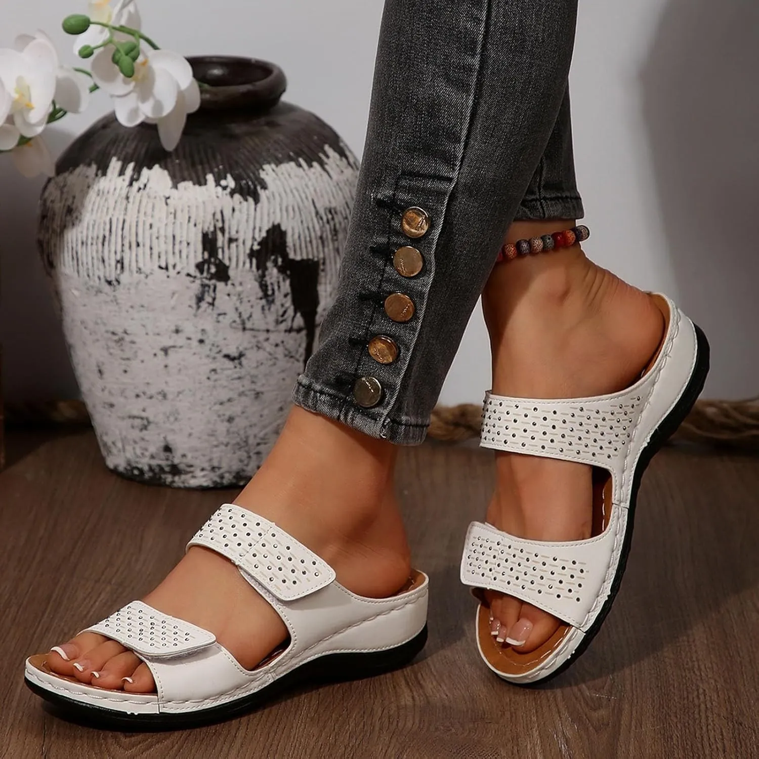 Orthopedic Wedge Sandals for Women Dressy Summer Comfortable Walking Open Toe Slip On Low Heel Flats Sandals with Arch Support Fishmouth Beach Orthotic Slippers Breathable Outdoor Trendy Slippers