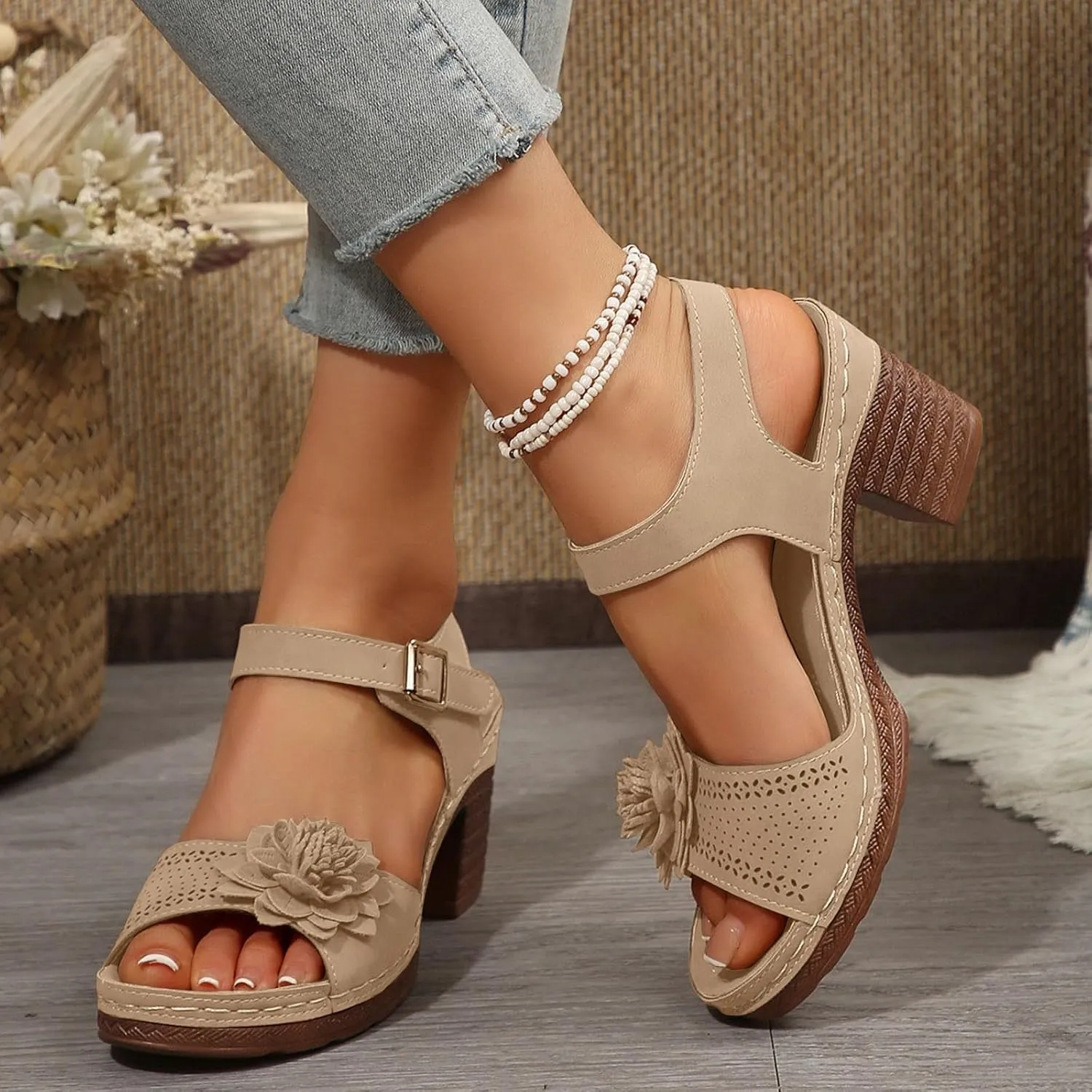 Orthopedic Wedge Sandals for Women Dressy Summer Comfortable Walking Sandals with Arch Support Women Open Toe Low Chunky Short Heels Ankle Strap Block Heel Sandal Hollow Out Flowers Breathable Sandal