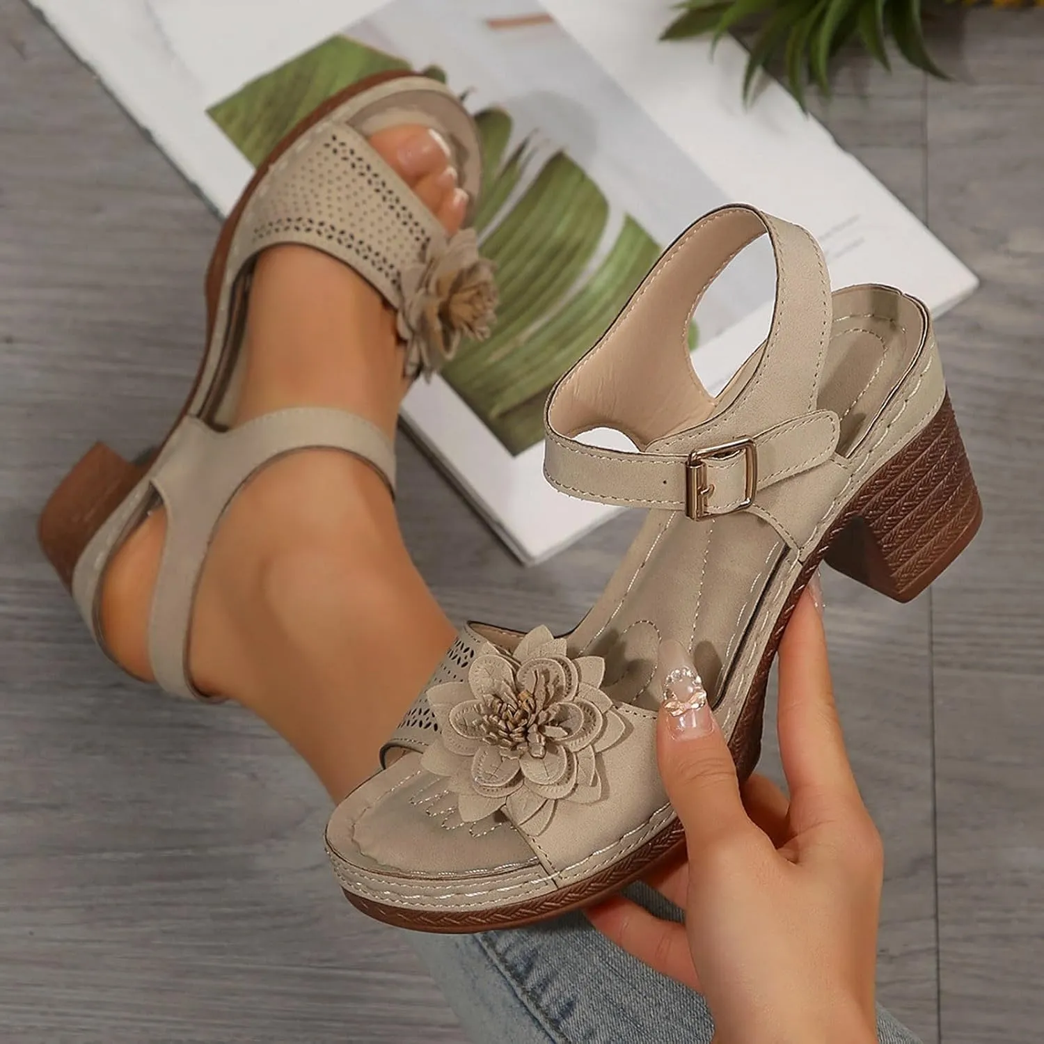 Orthopedic Wedge Sandals for Women Dressy Summer Comfortable Walking Sandals with Arch Support Women Open Toe Low Chunky Short Heels Ankle Strap Block Heel Sandal Hollow Out Flowers Breathable Sandal