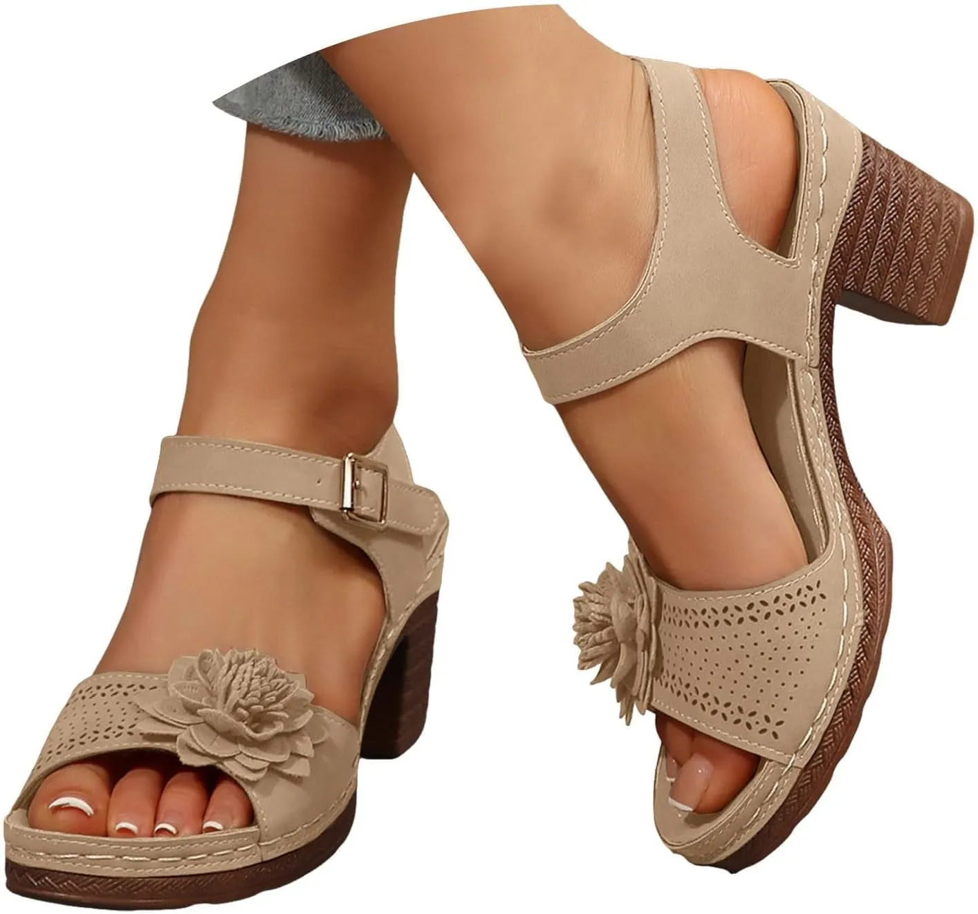 Orthopedic Wedge Sandals for Women Dressy Summer Comfortable Walking Sandals with Arch Support Women Open Toe Low Chunky Short Heels Ankle Strap Block Heel Sandal Hollow Out Flowers Breathable Sandal