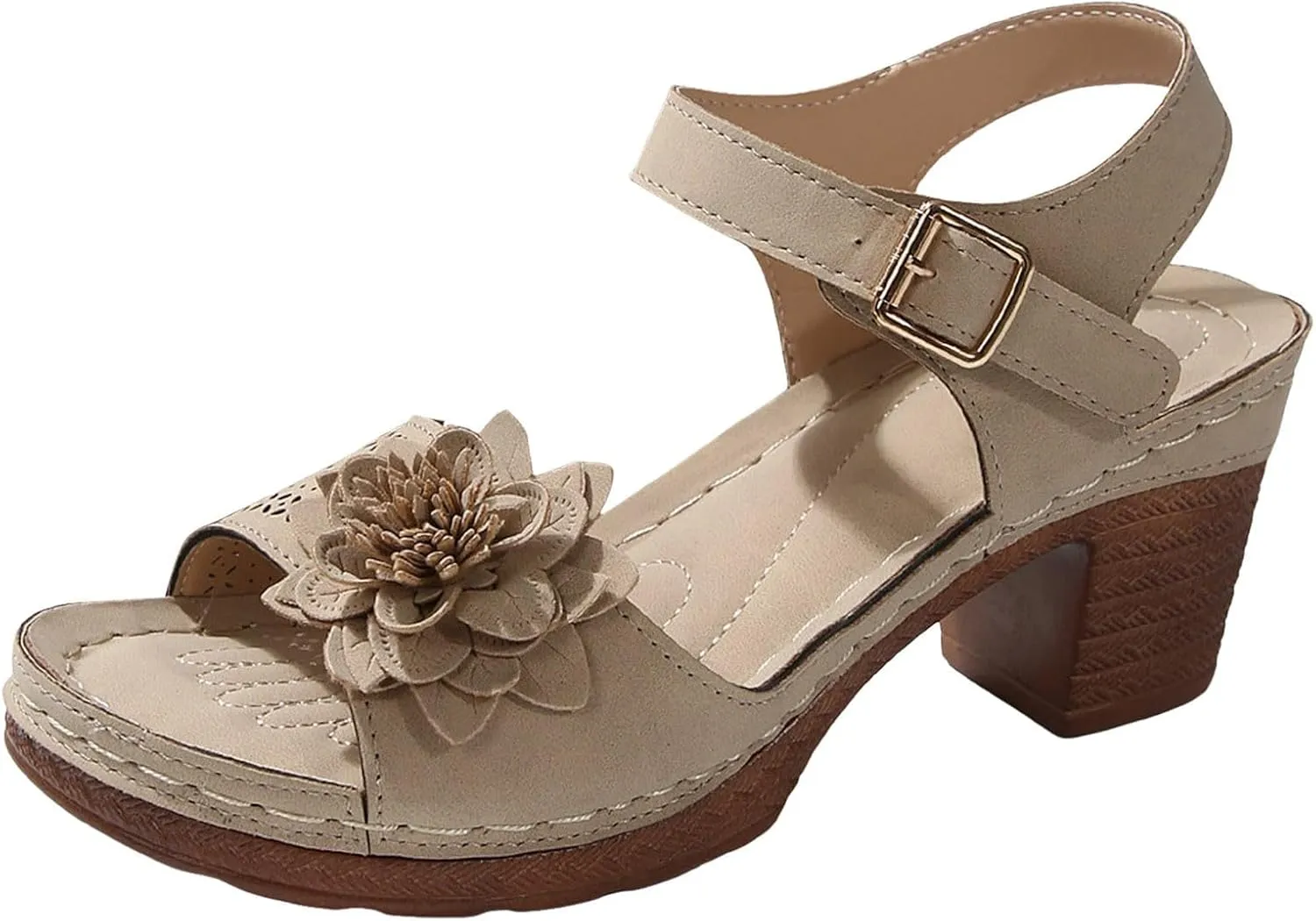 Orthopedic Wedge Sandals for Women Dressy Summer Comfortable Walking Sandals with Arch Support Women Open Toe Low Chunky Short Heels Ankle Strap Block Heel Sandal Hollow Out Flowers Breathable Sandal
