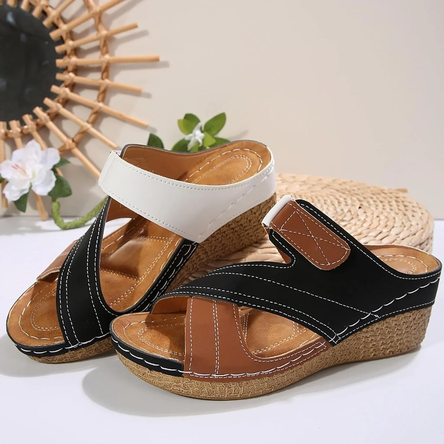 Orthopedic Wedge Sandals for Women Summer Dressy 2025 Womens Comfort Wedge Slide Sandals Open Toe Low Heel Non Slip Beach Slippers with Adjustable Hook and Loop Orthotic Fashion Sandal Footwear