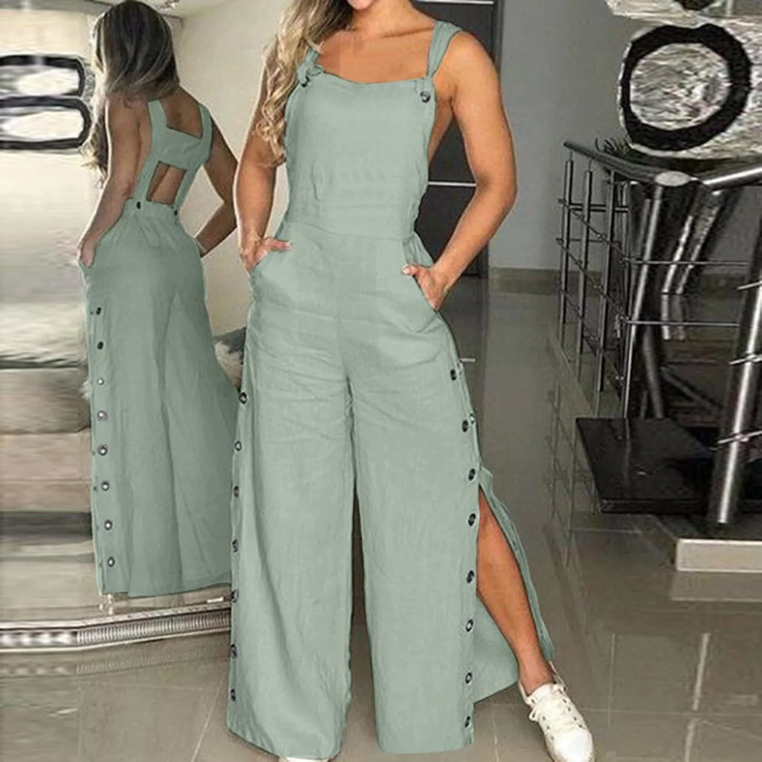 Overalls Women Wide Leg Rompers Spaghetti Strap Playsuits Button Side Split Jumpsuits Casual Jupmers with Pockets