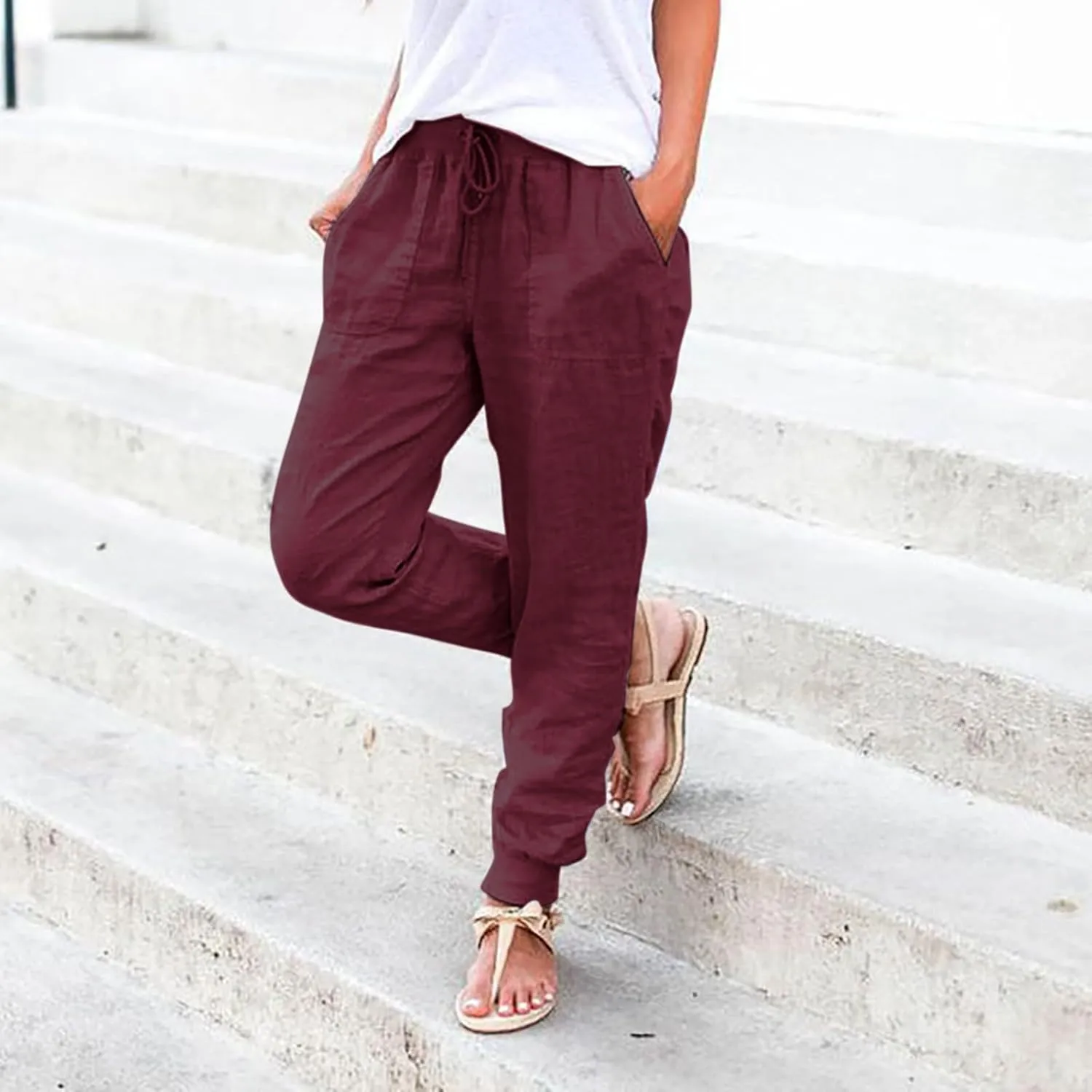Pants for Women Trendy Drawstring 2025 Boho Beach Print Pants Solid Casual High Waist Stretch Trousers with Pockets