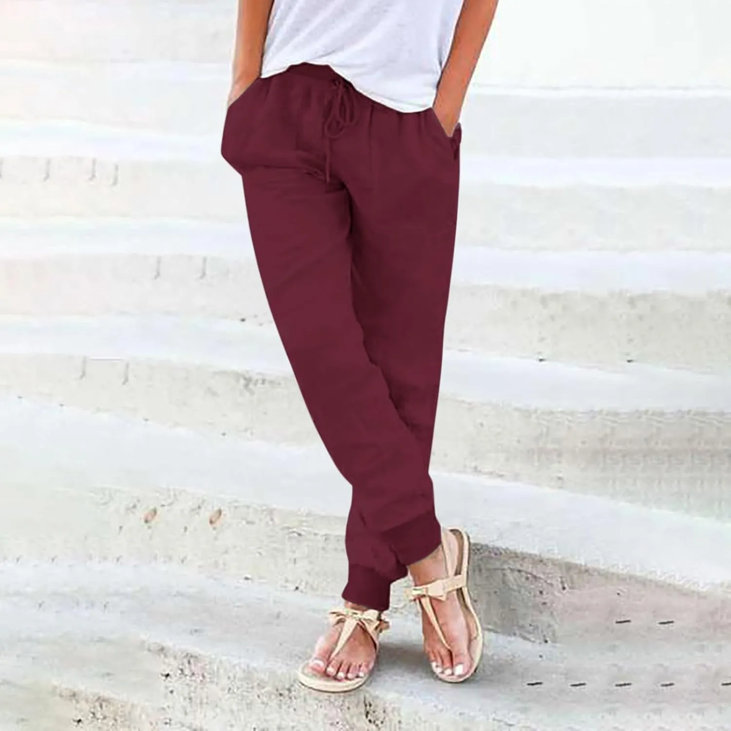 Pants for Women Trendy Drawstring 2025 Boho Beach Print Pants Solid Casual High Waist Stretch Trousers with Pockets