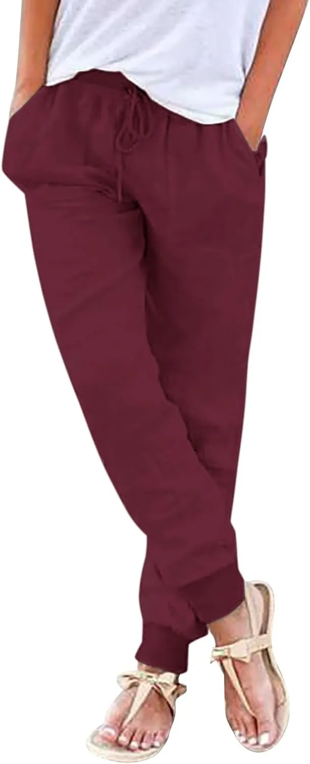 Pants for Women Trendy Drawstring 2025 Boho Beach Print Pants Solid Casual High Waist Stretch Trousers with Pockets